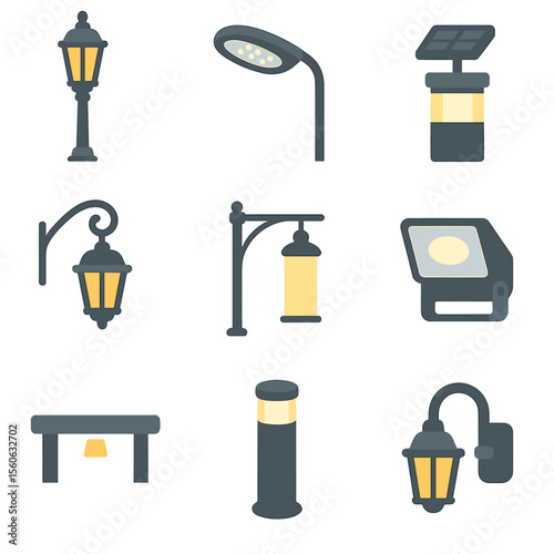 Street Lighting Icons. Flat icon set of street lighting fixtures: traditional lamppost, LED streetlight, solar bollard lamp,
