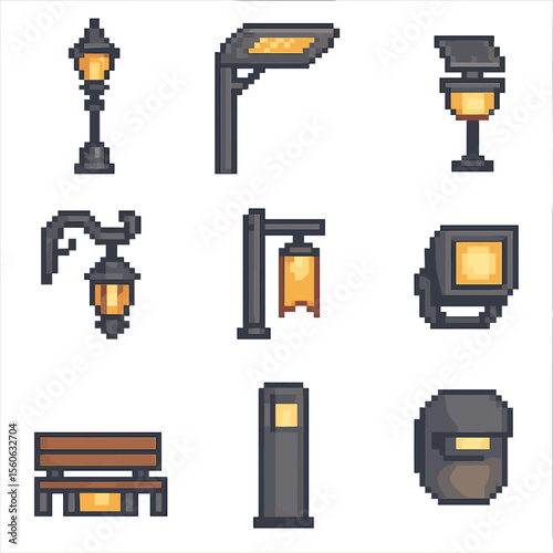 Street Lighting Icons. Pixel art icon set of street lighting fixtures: traditional lamppost, LED streetlight, solar bollard lamp,