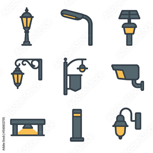 Street Lighting Icons. Flat icon set of street lighting fixtures: traditional lamppost, LED streetlight, solar bollard lamp,