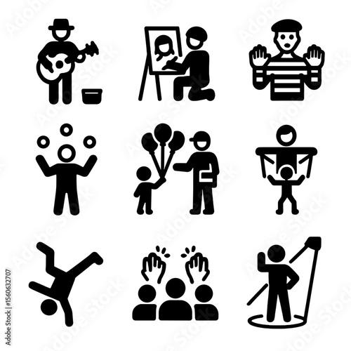 Street Performer Icons. Solid, filled icon set of Street entertainment: musician, street artist, mime, juggler, balloon seller,