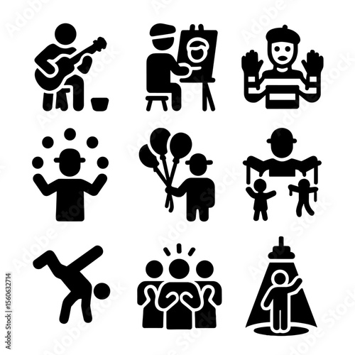 Street Performer Icons. Solid, filled icon set of Street entertainment: musician, street artist, mime, juggler, balloon seller,