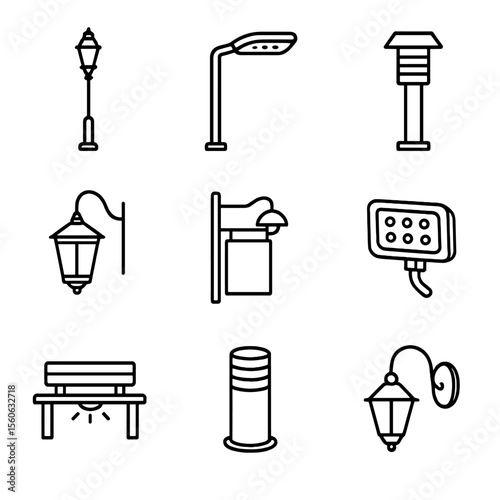 Street Lighting Icons. Outline icon set of street lighting fixtures: traditional lamppost, LED streetlight, solar bollard lamp,