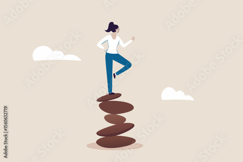 Harmony, balance or meditation, mindfulness relaxation for life wellness, zen or spiritual therapy, focus or concentration concept, calm young woman meditate in yoga pose and balance on rock stack.