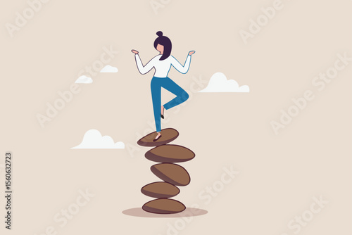 Harmony, balance or meditation, mindfulness relaxation for life wellness, zen or spiritual therapy, focus or concentration concept, calm young woman meditate in yoga pose and balance on rock stack.