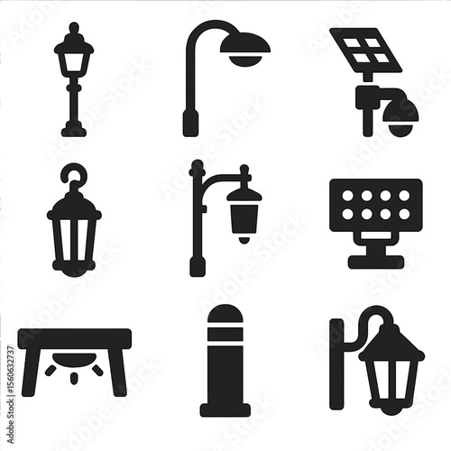 Streetlight Icon Set. Solid, Filled icon set of street lighting fixtures: traditional lamppost, LED streetlight, solar bollard