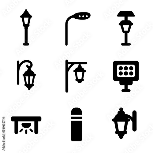 Streetlight Icon Set. Solid, Filled icon set of street lighting fixtures: traditional lamppost, LED streetlight, solar bollard