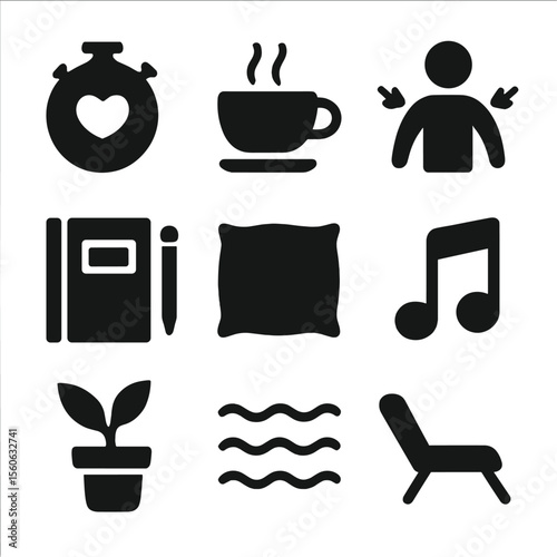 Stress Management Icons. Solid, filled icon set of stress management techniques: stopwatch with heart, calming tea, tension