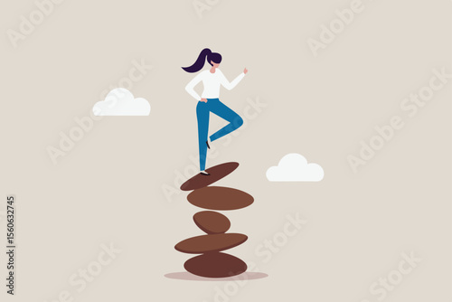 Harmony, balance or meditation, mindfulness relaxation for life wellness, zen or spiritual therapy, focus or concentration concept, calm young woman meditate in yoga pose and balance on rock stack.