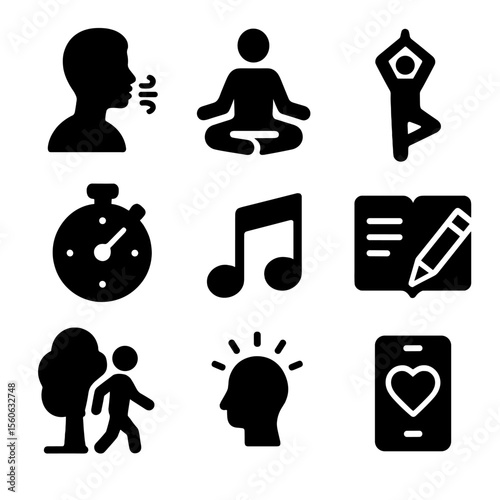 Stress Relief Icons. Solid, filled icon set of stress management techniques: breathing exercise, meditation, yoga pose, timer,