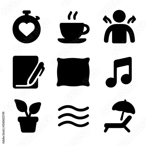 Stress Management Icons. Solid, filled icon set of stress management techniques: stopwatch with heart, calming tea, tension