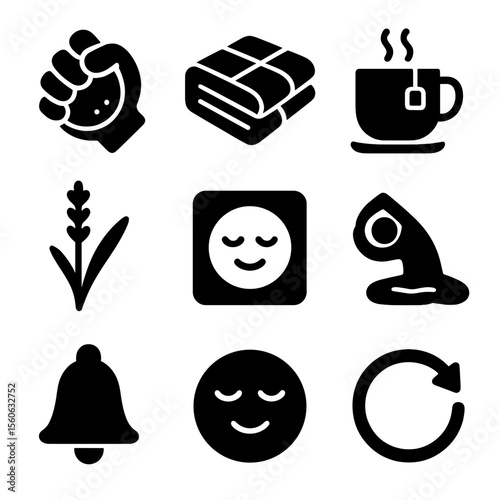 Stress Relief Icons. Solid, filled icon set of stress relief and calming aids: stress ball, weighted blanket, relaxing tea,