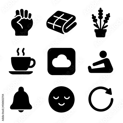 Stress Relief Icons. Solid, filled icon set of stress relief and calming aids: stress ball, weighted blanket, relaxing tea,