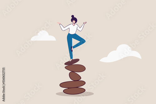 Harmony, balance or meditation, mindfulness relaxation for life wellness, zen or spiritual therapy, focus or concentration concept, calm young woman meditate in yoga pose and balance on rock stack.