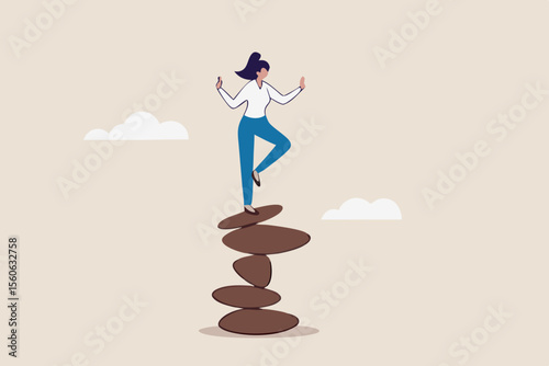 Harmony, balance or meditation, mindfulness relaxation for life wellness, zen or spiritual therapy, focus or concentration concept, calm young woman meditate in yoga pose and balance on rock stack.