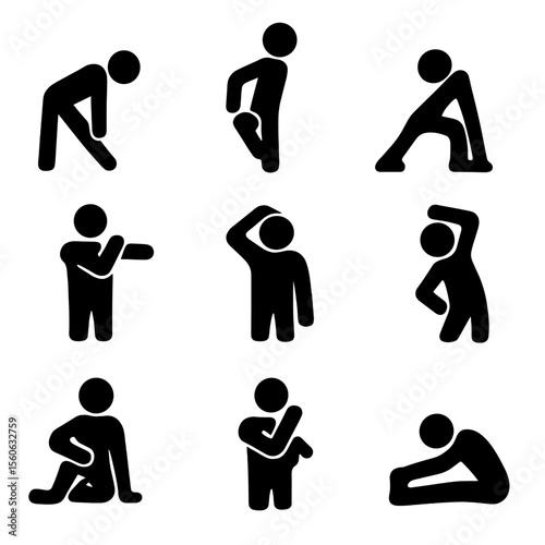 Stretch Icon Set. Solid, filled icon set of stretching exercises: hamstring stretch, quad stretch, calf stretch, shoulder stretch,