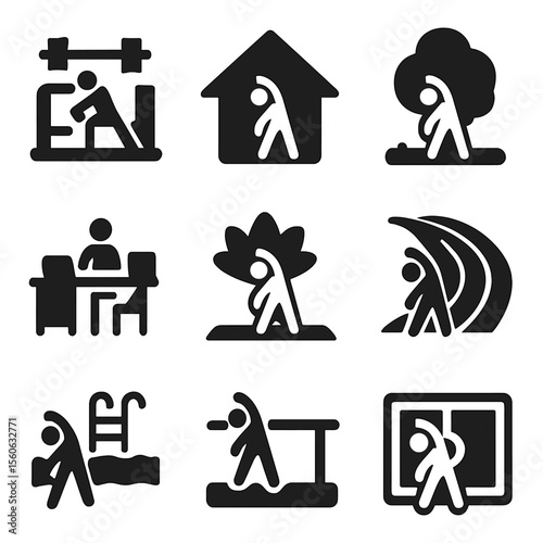 Stretching Icons Grid. Solid, filled icon set of stretching locations: gym, home, park, office, yoga studio, track field, poolside