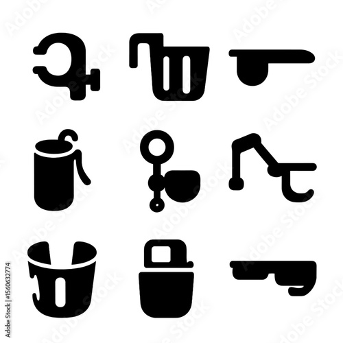 Stroller Accessory Icons Grid. Solid, Filled icon set of stroller and baby cup holders: handlebar clamp, universal cup bracket,