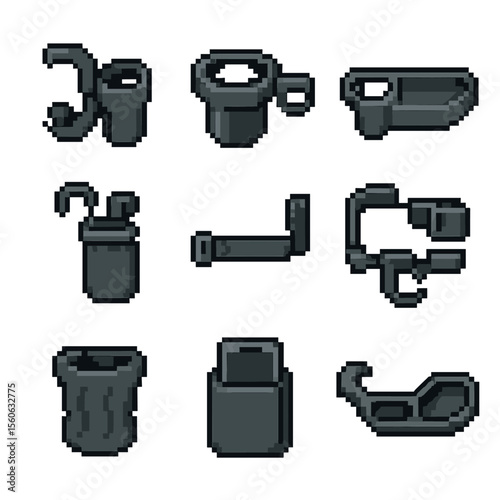 Stroller Cup Holder Icons. Pixel art icon set of stroller and baby cup holders: handlebar clamp, universal cup bracket, snack tray