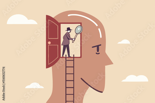 Psychology and mindset, deep mind thinking or mental health diagnose, intelligence brain or depression, emotion or cognitive concept, detective man climb up to human brain investigating problem.