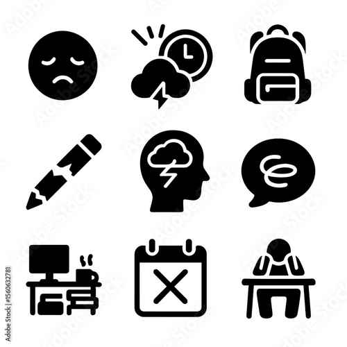 Study Stress Icons. Solid, filled icon set of study stress and burnout: tired face, clock with pressure, overfilled backpack,