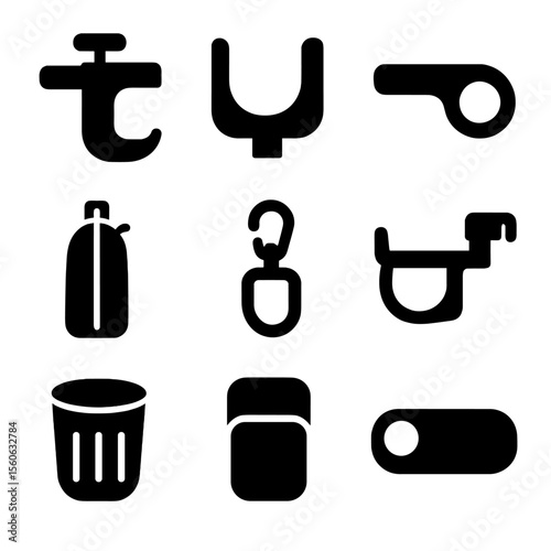 Stroller Accessory Icons Grid. Solid, Filled icon set of stroller and baby cup holders: handlebar clamp, universal cup bracket,