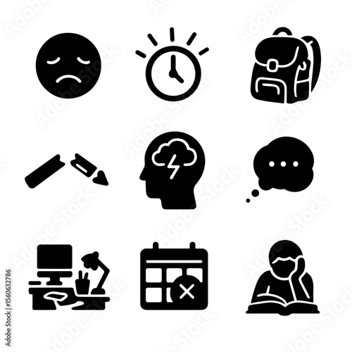 Study Stress Icons. Solid, filled icon set of study stress and burnout: tired face, clock with pressure, overfilled backpack,