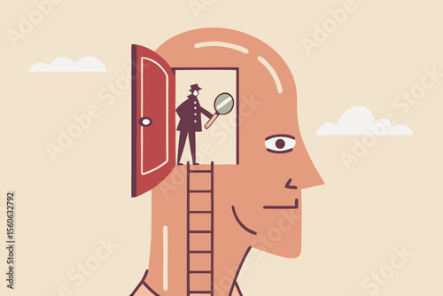 Psychology and mindset, deep mind thinking or mental health diagnose, intelligence brain or depression, emotion or cognitive concept, detective man climb up to human brain investigating problem.