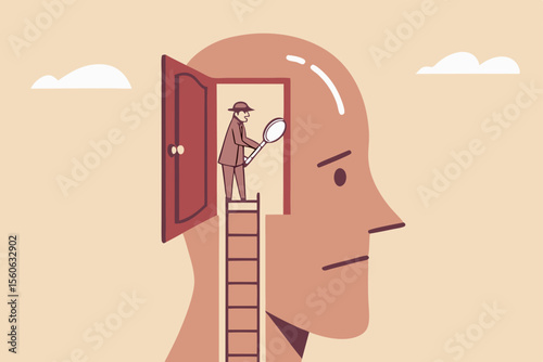 Psychology and mindset, deep mind thinking or mental health diagnose, intelligence brain or depression, emotion or cognitive concept, detective man climb up to human brain investigating problem.