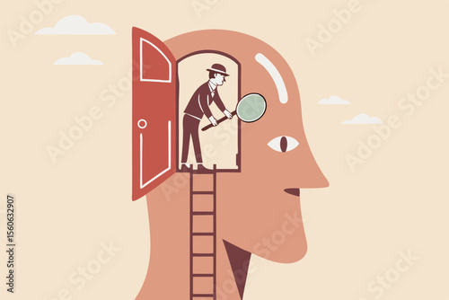 Psychology and mindset, deep mind thinking or mental health diagnose, intelligence brain or depression, emotion or cognitive concept, detective man climb up to human brain investigating problem.