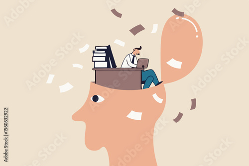 Work anxiety, stress or burnout, exhausted job or overload tired, job fatigue from overworked, depression and mental health concept, overwhelmed frustrated businessman working hard on his busy head.