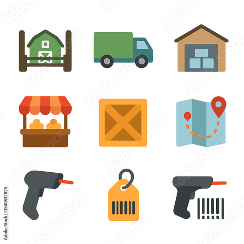 Supply Chain Icons. Flat icon set of supply chain logistics: farm gate, delivery truck, warehouse, distribution center, market