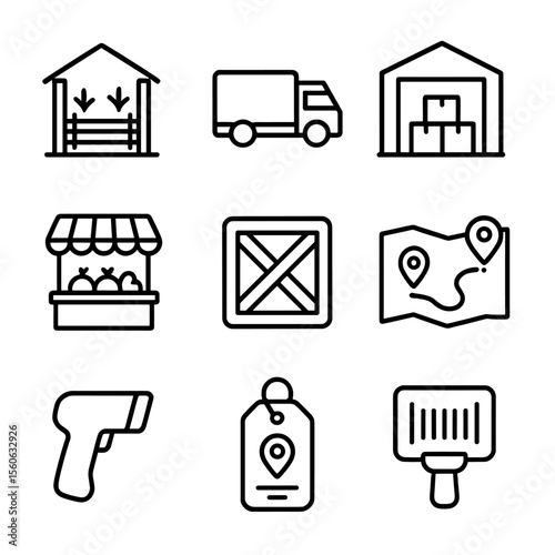 Supply Chain Icons. Outline icon set of supply chain logistics: farm gate, delivery truck, warehouse, distribution center, market