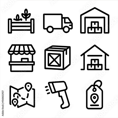 Supply Chain Icons. Outline icon set of supply chain logistics: farm gate, delivery truck, warehouse, distribution center, market