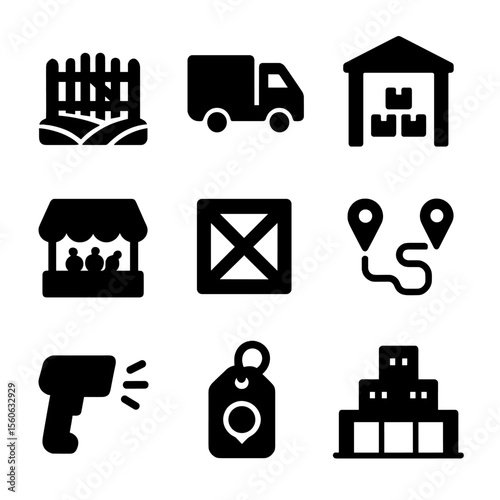 Supply Chain Icons. Solid, Filled icon set of supply chain logistics: farm gate, delivery truck, warehouse, distribution center,