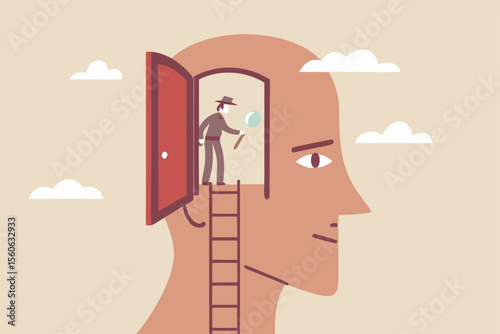 Psychology and mindset, deep mind thinking or mental health diagnose, intelligence brain or depression, emotion or cognitive concept, detective man climb up to human brain investigating problem.