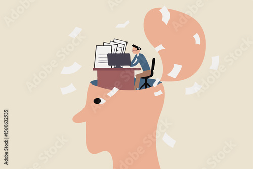 Work anxiety, stress or burnout, exhausted job or overload tired, job fatigue from overworked, depression and mental health concept, overwhelmed frustrated businessman working hard on his busy head.