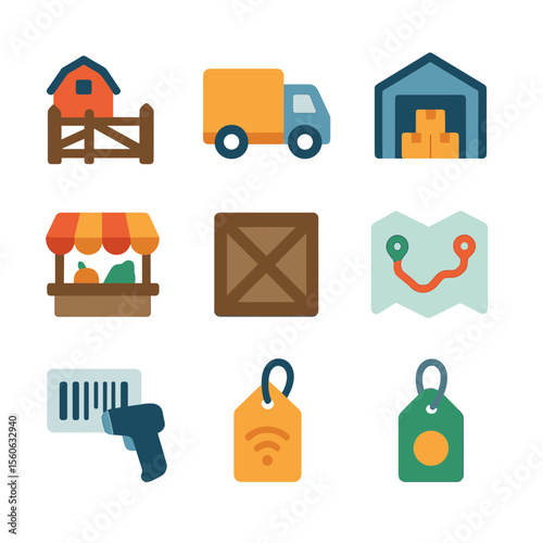 Supply Chain Icons. Flat icon set of supply chain logistics: farm gate, delivery truck, warehouse, distribution center, market
