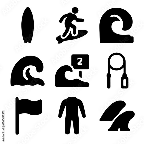 Surf & Waves Icons. Solid, filled icon set of surfing and waves: surfboard, surfer silhouette, wave tunnel, surf break, wave