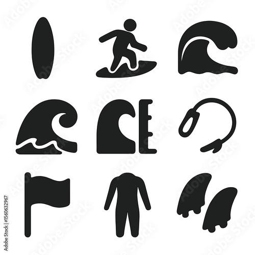 Surf & Waves Icons. Solid, filled icon set of surfing and waves: surfboard, surfer silhouette, wave tunnel, surf break, wave