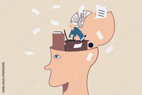 Work anxiety, stress or burnout, exhausted job or overload tired, job fatigue from overworked, depression and mental health concept, overwhelmed frustrated businessman working hard on his busy head.