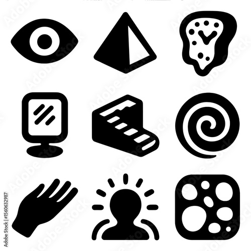 Surreal Icons Grid. Solid, Filled icon set of surreal perception: floating eyeball, geometric prism, melting clock, mirrored