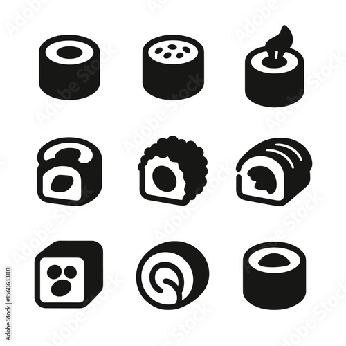Sushi Roll Icons. Solid, filled icon set of sushi rolls: maki roll, California roll, spicy tuna roll, dragon roll, tempura roll,