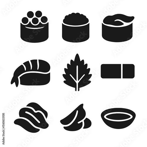 Sushi Toppings Icons. Solid, Filled icon set of sushi toppings: ikura, tobiko, uni, masago, amaebi, shiso leaf, nori strip,