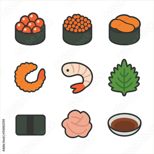 Sushi Toppings Icons. Flat icon set of sushi toppings: ikura, tobiko, uni, masago, amaebi, shiso leaf, nori strip, pickled ginger,