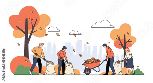 Volunteers working together cleaning park during autumn season falling leaves