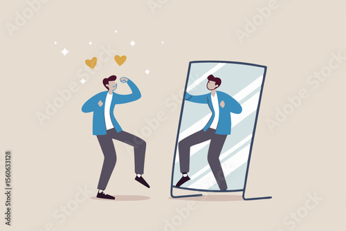 Self acceptance, love and respect yourself, key to success, confidence and positive thinking, attitude or mindset for leader concept, confidence businessman appreciate his self reflection on mirror.
