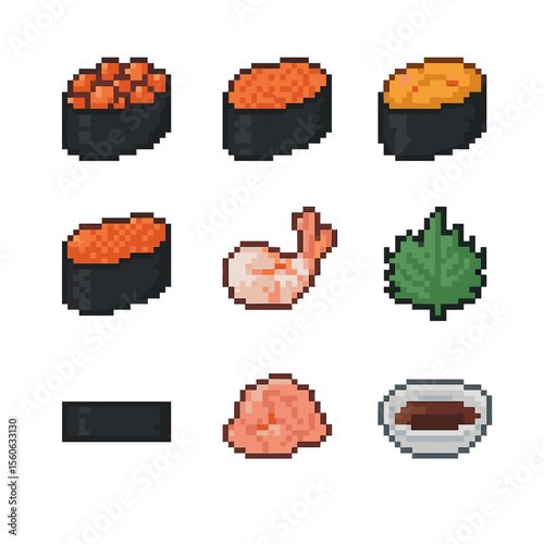 Sushi Toppings Icons. Pixel art icon set of sushi toppings: ikura, tobiko, uni, masago, amaebi, shiso leaf, nori strip, pickled