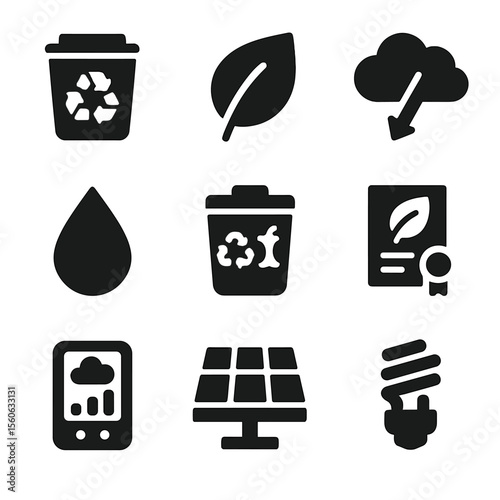 Sustainability Icons Grid. Solid, filled icon set of environmental sustainability: recycling bin, green leaf, emission reduction,