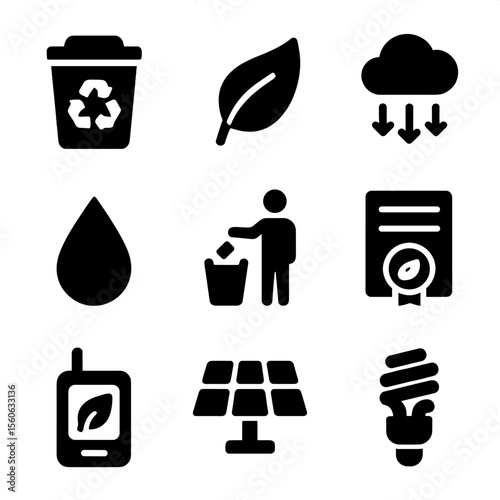 Sustainability Icons Grid. Solid, filled icon set of environmental sustainability: recycling bin, green leaf, emission reduction,