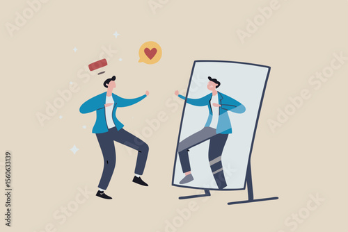 Self acceptance, love and respect yourself, key to success, confidence and positive thinking, attitude or mindset for leader concept, confidence businessman appreciate his self reflection on mirror.